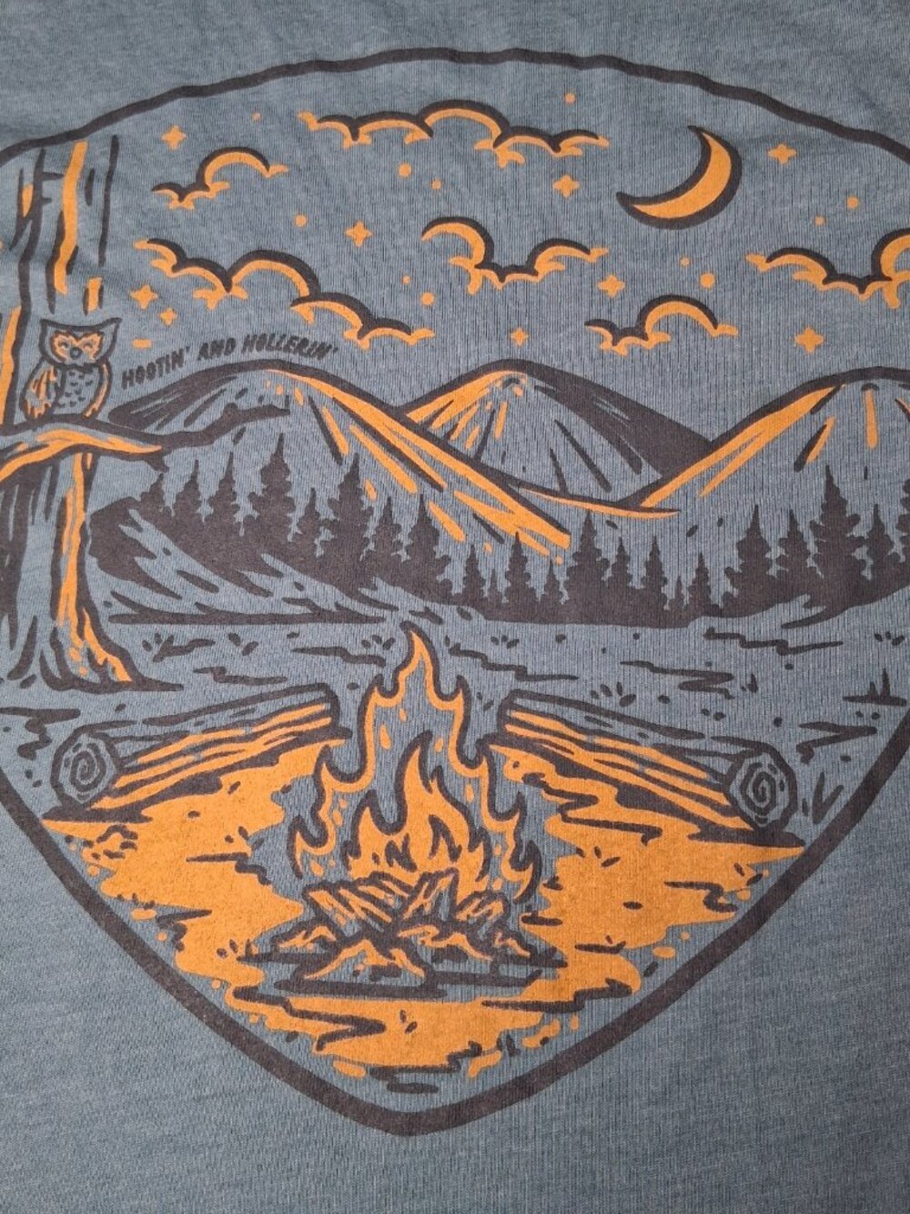Hootin And Hollerin Shirt M Blue Owl Camping Campfire Campsite Nature Gorpcore - Picture 2 of 10
